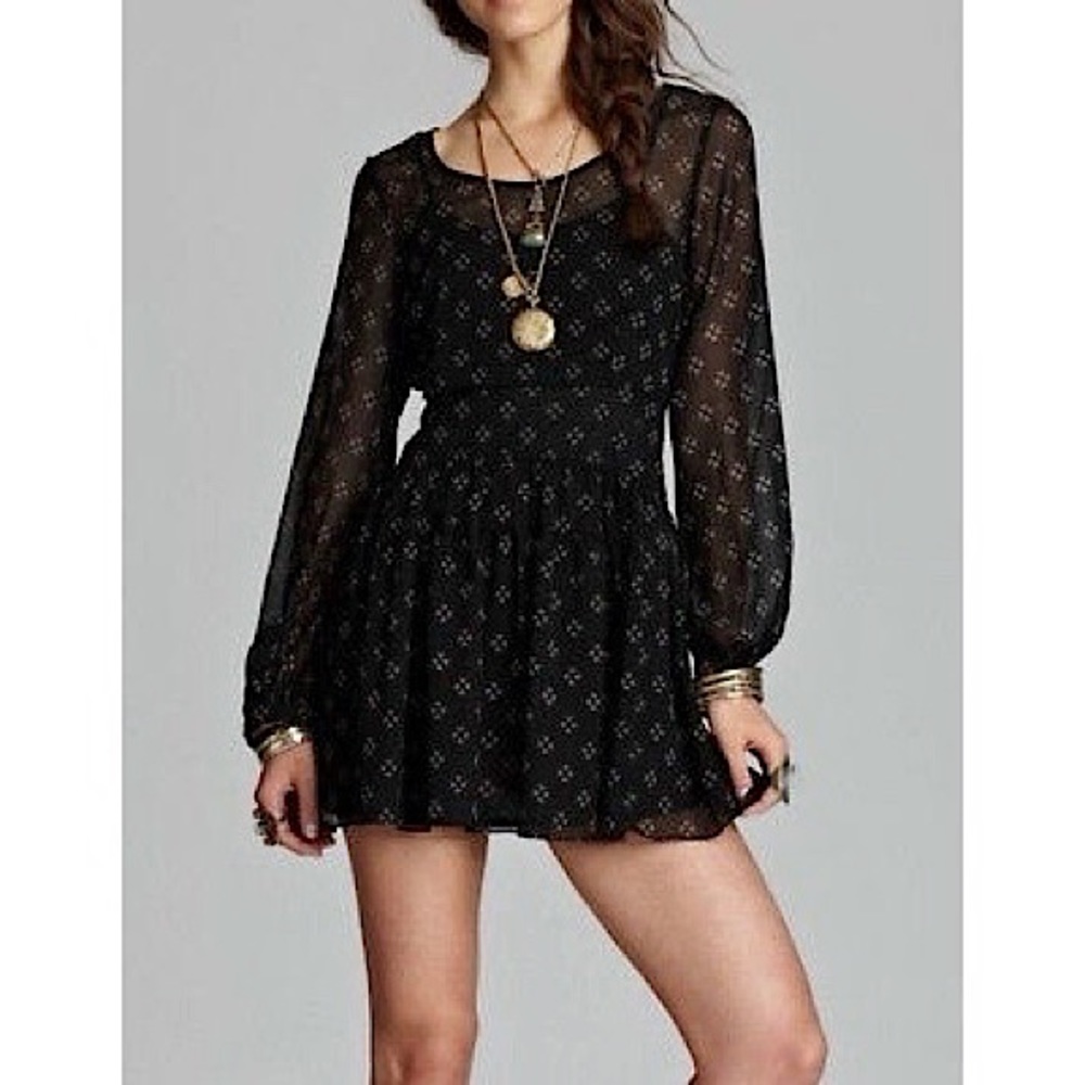 Free People Sheer Black Baby Dee Chiffon Long Sleeve Fit and Flare Dress